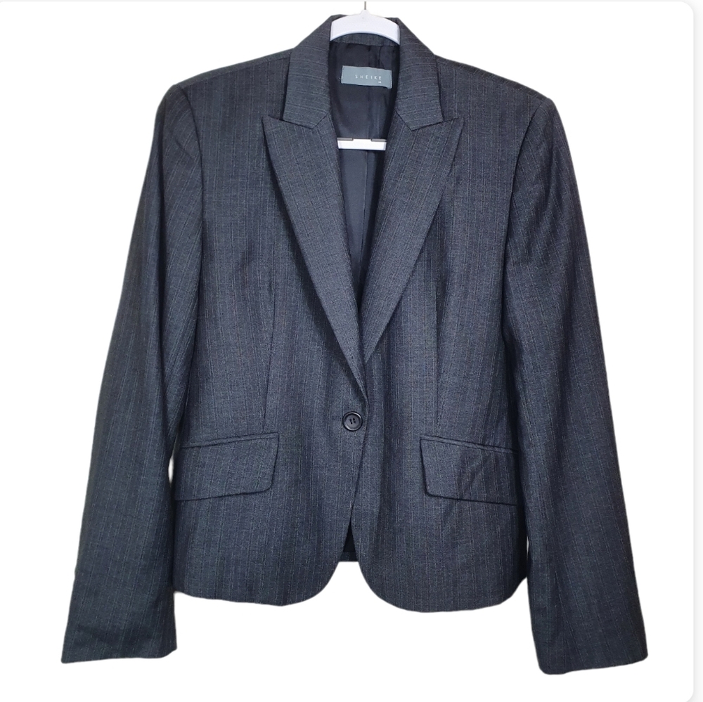Sheike classic Blazer jacket Sze 14 black striped work office 1 button collared - Picture 1 of 8